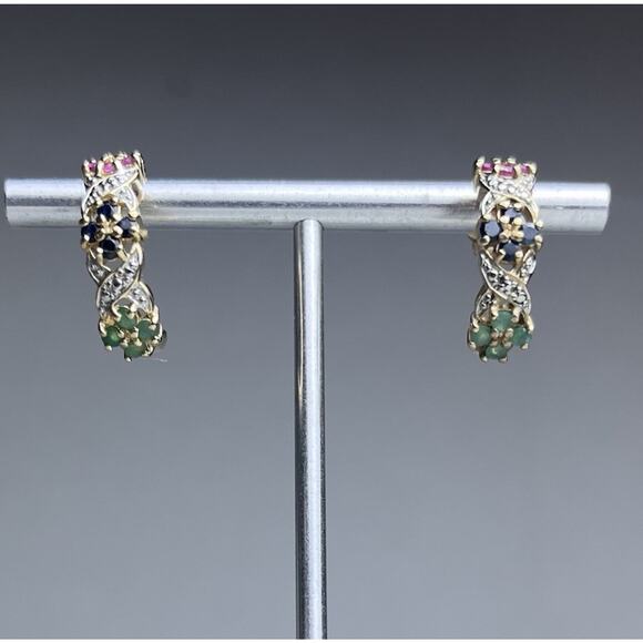 Gold Vermeil 925 Sterling Silver Sapphire Hoop Earrings Huggie Small Hoops - Picture 2 of 16